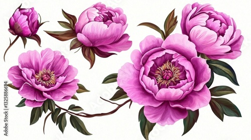 Illustrative graphics showcasing blooming peonies in a sophisticated style.