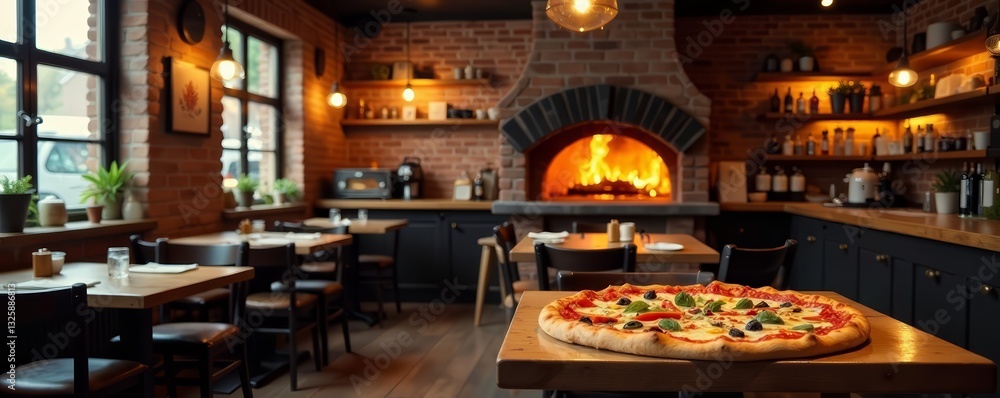 Cozy pizzeria with brick oven, tables, chairs, and pizza slices on display, pizza, vector Cozy pizzeria with brick oven, tables, chairs, and pizza slices on display, pizza, vector