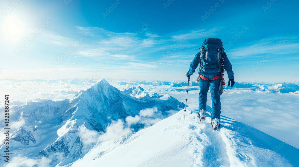 Triumph Peak: Mountaineer's Journey above the clouds, a print design for travel, adventure, or aspirational motivation. Triumph Peak: Mountaineer's Journey above the clouds, a print design for travel, adventure, or aspirational motivation.