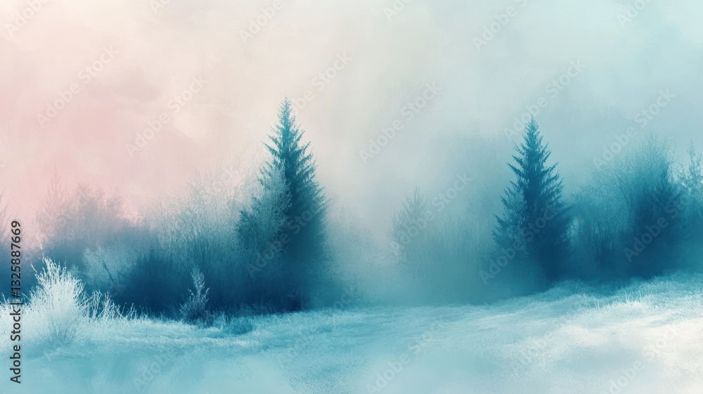 Fototapeta premium Dreamlike misty forest scene with two tall pine trees, soft pastel colors, and a serene atmosphere.