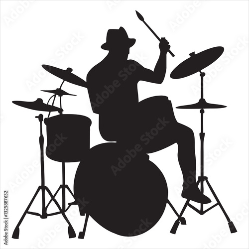 Drummer with Drums Silhouette and Rock Musician Vector Illustration
