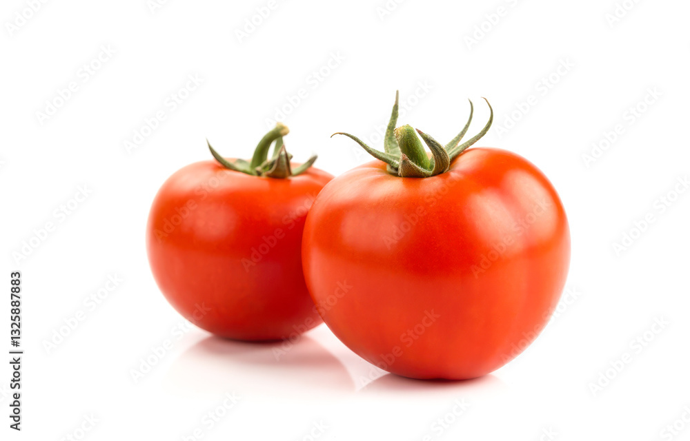 Fresh ripe red tomatoes with green stems isolated on white background. cooking healthy meals food photography kitchen vegetable dishes nutrition Fresh ripe red tomatoes with green stems isolated on white background. cooking healthy meals food photography kitchen vegetable dishes nutrition