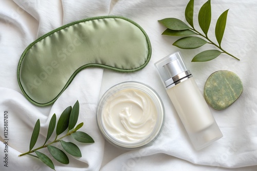 Fresh Aesthetic Arrangement of Skincare Products With Soothing Elements for Relaxation