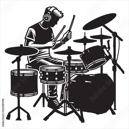 Drummer with Drums Silhouette and Rock Musician Vector Illustration
