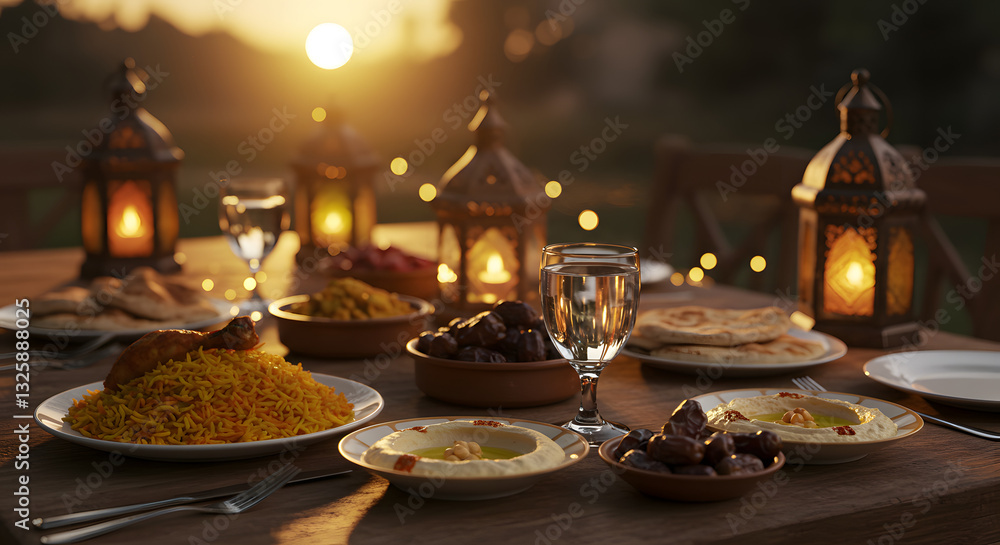 A beautifully decorated table set for Iftar with dates, water, and traditional Middle Eastern dishes, with warm lantern lights in the background. A beautifully decorated table set for Iftar with dates, water, and traditional Middle Eastern dishes, with warm lantern lights in the background.