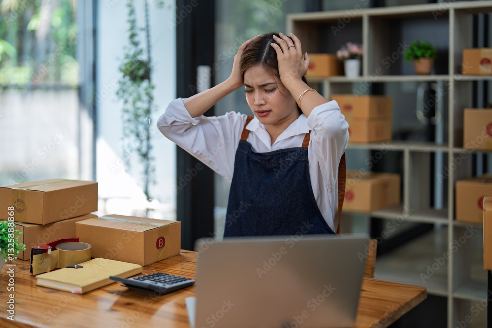 Fototapeta premium Young woman engaged in online business with stress thoughtful within data products Sales did not meet target Selling products of This month
