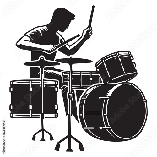 Rock Musician Vector Illustration Featuring Drummer with Drums Silhouette
