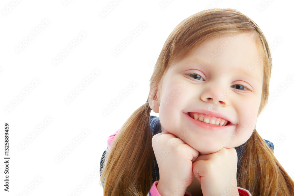 Portrait, cute and mockup with girl in studio for child development, youth and energy. Happiness, kindergartener and preschool with young kid on white background for smile, playful and childhood