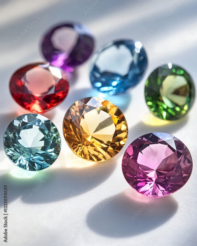Seven colorful gemstones arranged on a white surface, illuminated by sunlight. Seven colorful gemstones arranged on a white surface, illuminated by sunlight.