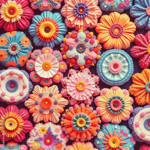 Vibrant 3D Floral Textile Artwork Close up of Colorful Flower Arrangements