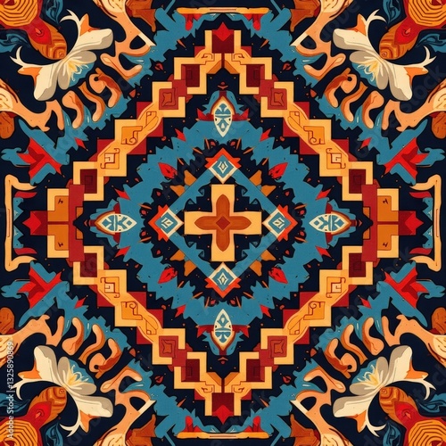 Vibrant Geometric Textile Design Intricate Mandala Pattern Ethnic Inspired Artwork Colorful