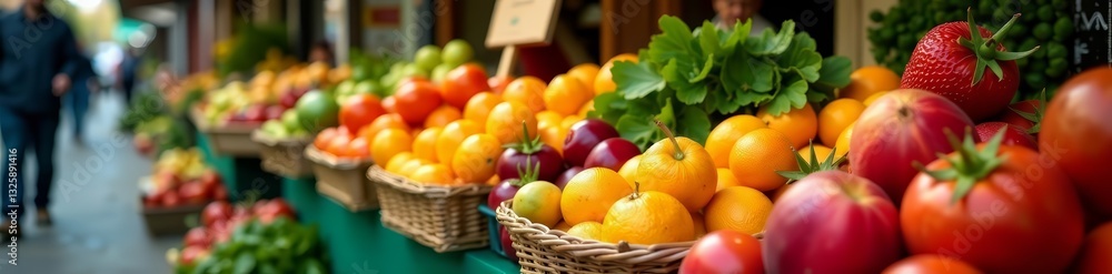Colorful display of fresh fruits and vegetables at street market, organic, market Colorful display of fresh fruits and vegetables at street market, organic, market