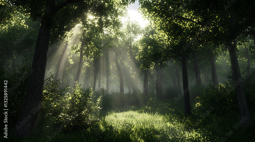 Obraz premium Sunlight through the trees in the forest. Beautiful summer landscape.