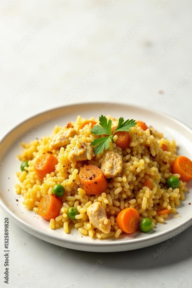 Colorful chicken pilaf with carrots, peas and spices on plate, vegetables, peas Colorful chicken pilaf with carrots, peas and spices on plate, vegetables, peas
