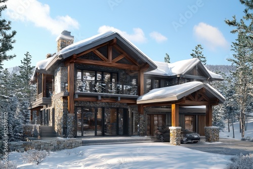 Modern log cabin home exterior in snowy mountain landscape.  Luxury chalet design with covered parking.  Stunning architecture. Exterior view of a snow-covered, rustic, contemporary house.