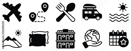 Traveling Icon Set Solid Style Collection A modern set of solid-style icons perfect for travel guides maps and tourism branding.