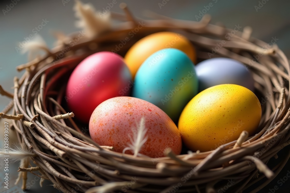 Cluster of textured easter eggs in a nest with dried grass and feathers, earthy, arrangement Cluster of textured easter eggs in a nest with dried grass and feathers, earthy, arrangement