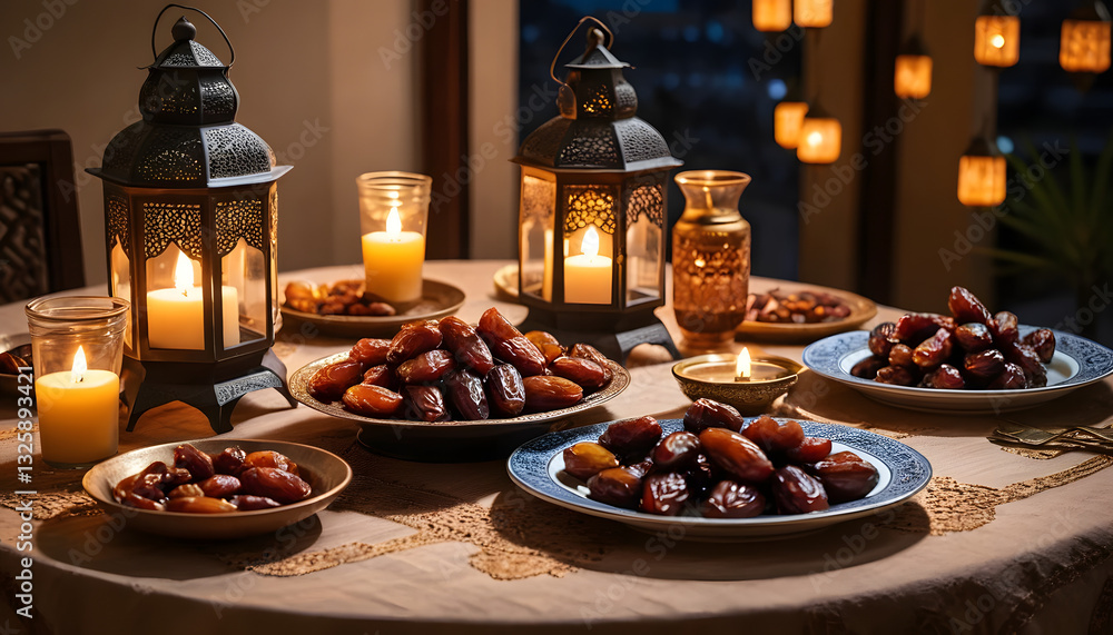 A beautifully decorated table set for Iftar with dates, water, and traditional Middle Eastern dishes, with warm lantern lights in the background. A beautifully decorated table set for Iftar with dates, water, and traditional Middle Eastern dishes, with warm lantern lights in the background.