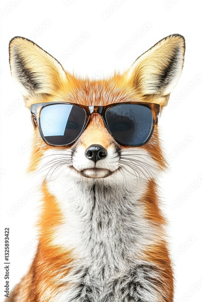 Obraz premium Fox wearing sunglasses looking stylish and playful on a white background, cute animal portrait, fun pet photography, trendy wildlife character concept.