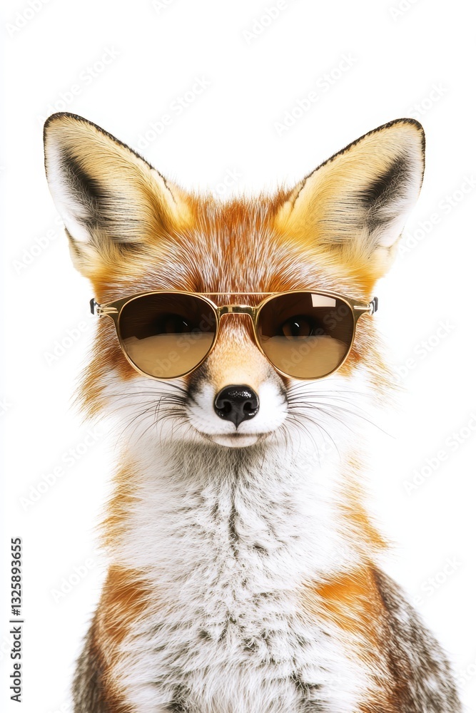 Obraz premium Fox wearing sunglasses in a playful pose, modern wildlife portrait, creative animal photography, unique pet concept, stylish fox fashion, fun animal expression.
