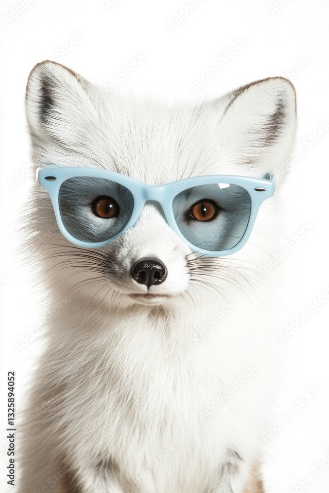 Obraz premium Fox wearing blue sunglasses in studio setting, adorable animal with playful expression, trendy fashion accessory for pets, cute wildlife portrait.