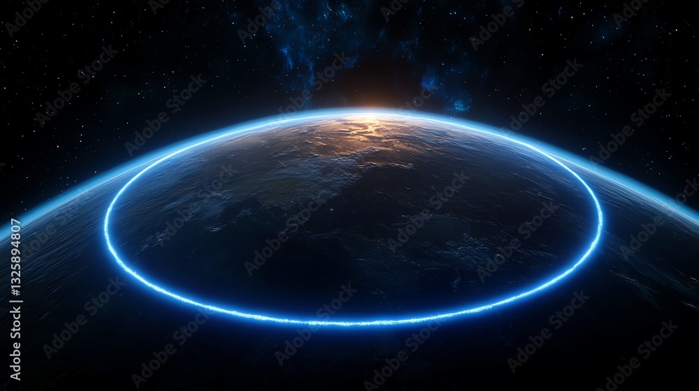 Obraz premium Rendering of Glowing Orbiting Ring Around Planet in Starry Space