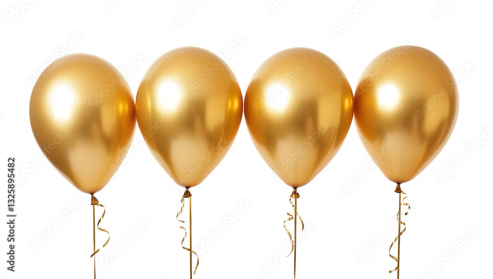 four shiny golden balloons tied with ribbons set against a white background ideal for celebrations and festive occasions four shiny golden balloons tied with ribbons set against a white background ideal for celebrations and festive occasions
