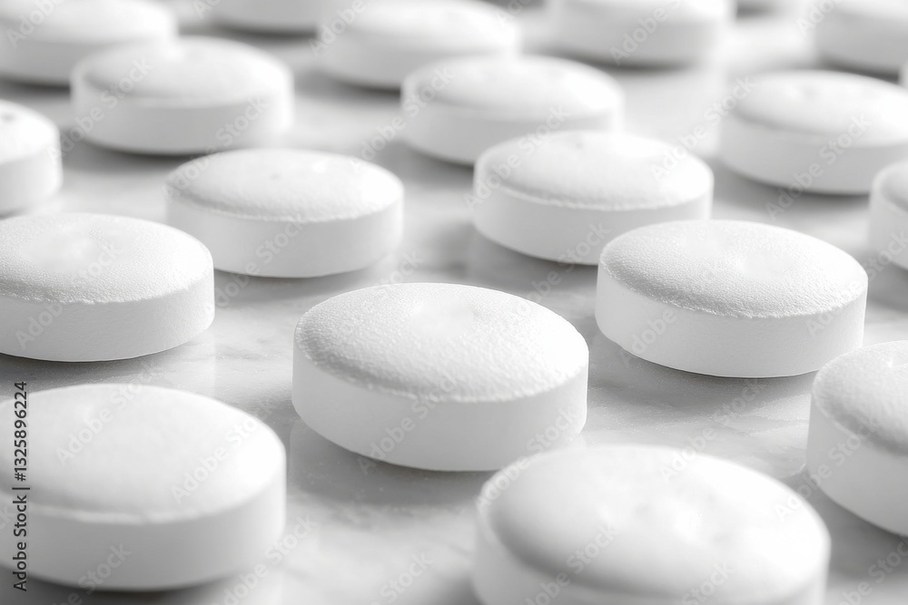 Macro shot of white effervescent tablets on a marble surface, ideal for pharmaceutical or healthcare content. Macro shot of white effervescent tablets on a marble surface, ideal for pharmaceutical or healthcare content.