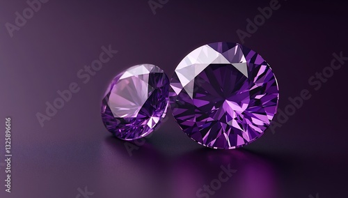 Two vibrant purple gemstones, one larger than the other, sit on a dark purple reflective surface.