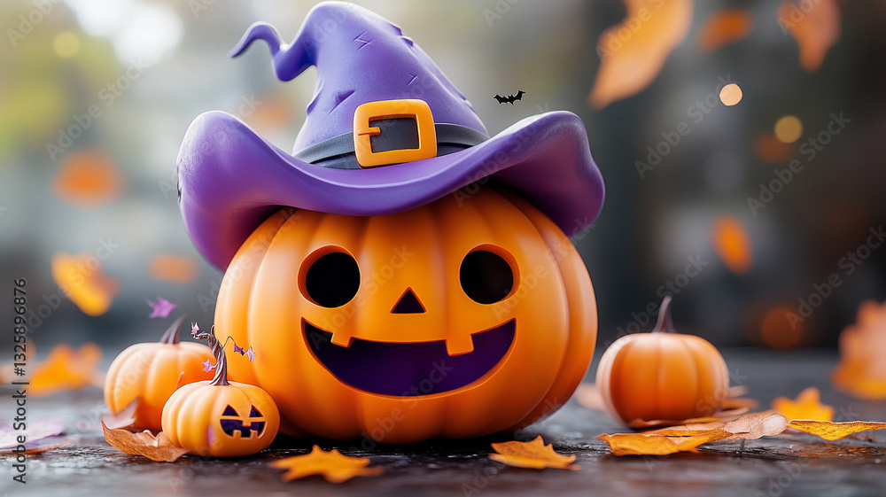 Naklejka premium Jack-o'-lanterns. Orange Jack-o'-lanterns in a witch's hat.