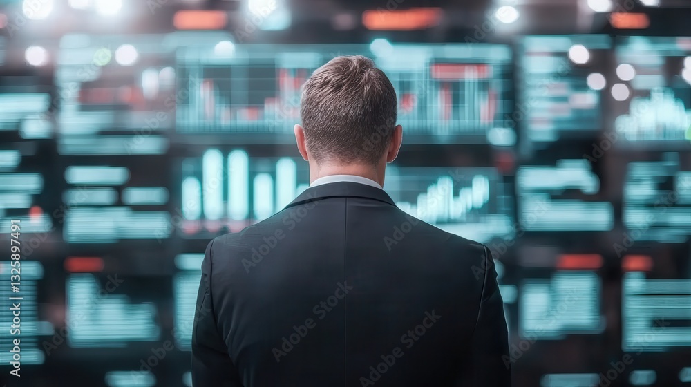man in suit stands in front of multiple digital screens displaying financial data and graphs, indicating focus on business analytics and stock market analysis man in suit stands in front of multiple digital screens displaying financial data and graphs, indicating focus on business analytics and stock market analysis
