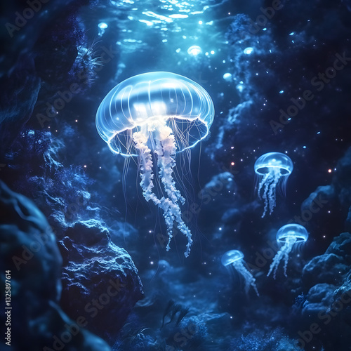 Enchanting bioluminescent jellyfish underwater scene
