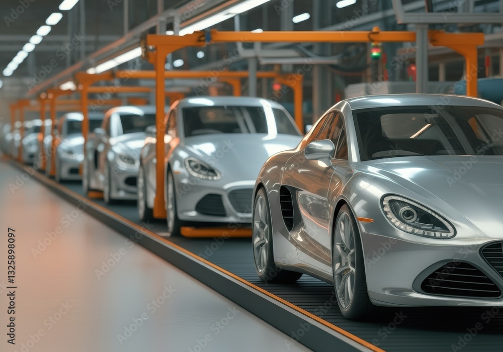 Modern assembly line featuring sleek silver cars in production Modern assembly line featuring sleek silver cars in production