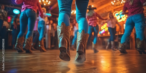 Cowgirls dancing with cowboy boots in a countryside saloon photo