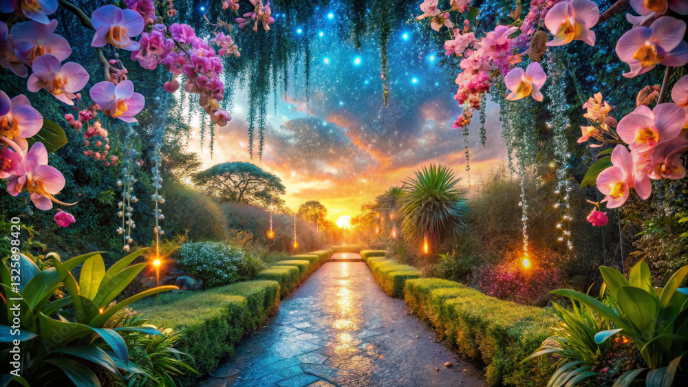 vibrant garden pathway adorned with blooming orchids, leading to stunning sunset. scene is illuminated by soft lights, creating magical atmosphere filled with nature beauty vibrant garden pathway adorned with blooming orchids, leading to stunning sunset. scene is illuminated by soft lights, creating magical atmosphere filled with nature beauty