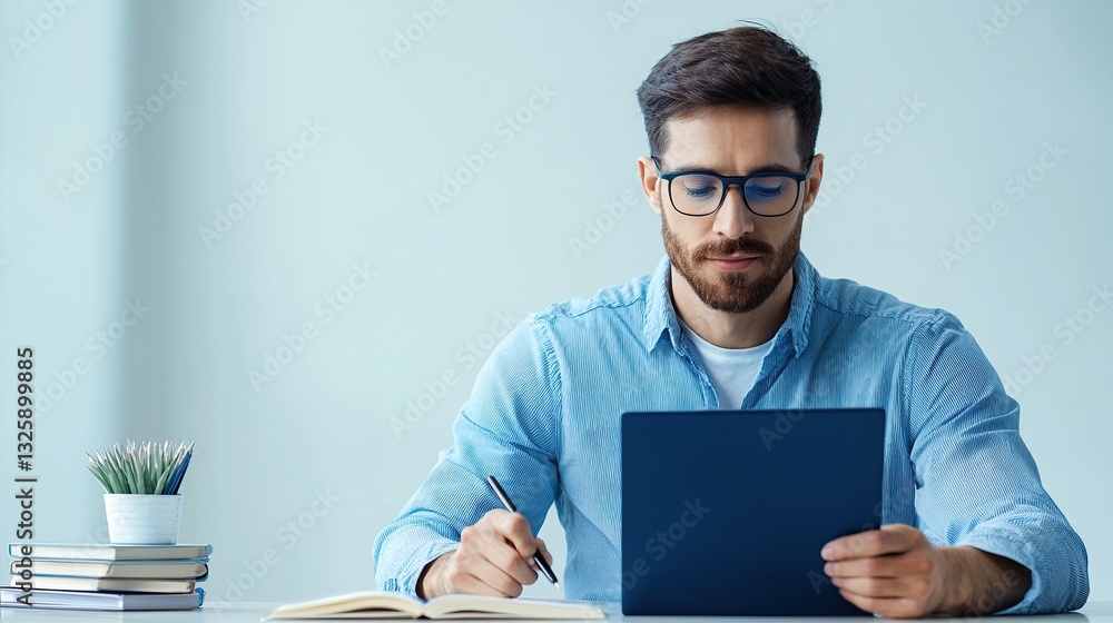A focused man studies a tablet while seated at a desk with books and a plant nearby. A focused man studies a tablet while seated at a desk with books and a plant nearby.