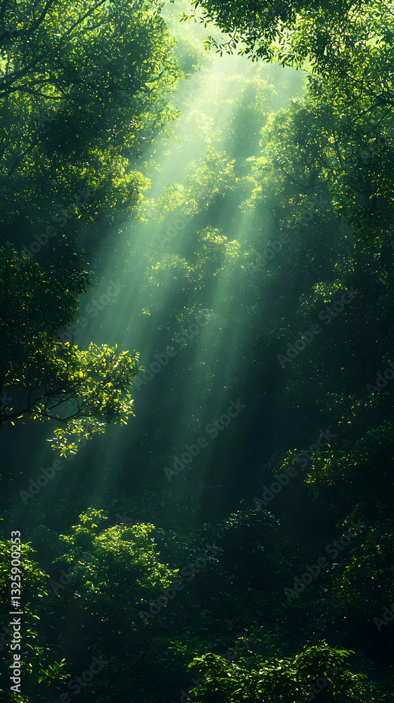 Luminous Forest Illustration: Sunbeams Through Canopy Luminous Forest Illustration: Sunbeams Through Canopy