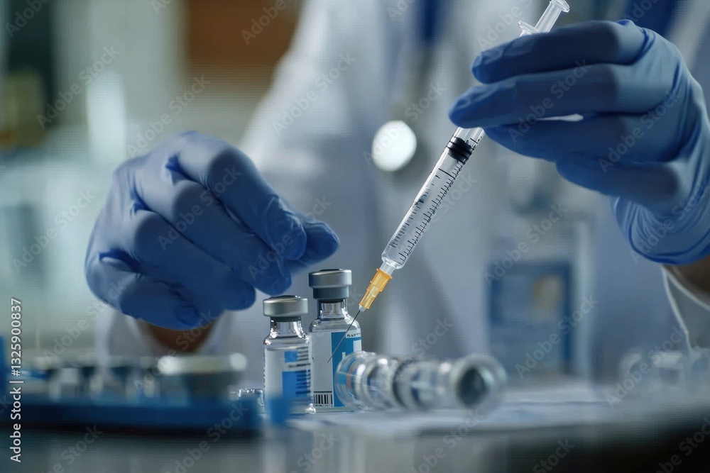 Close-up of a doctor in gloves filling a syringe with vaccine from vials, set in a clinical lab environment. Close-up of a doctor in gloves filling a syringe with vaccine from vials, set in a clinical lab environment.