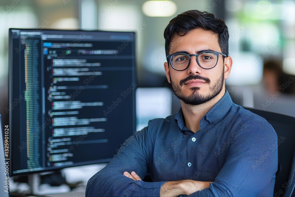 Fototapeta premium Professional male developer focused on coding, sitting at a desk with a computer screen displaying code.