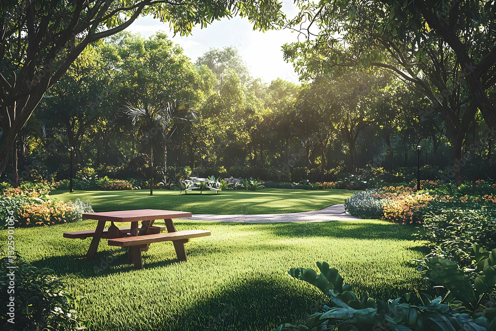 Peaceful park scene: Wooden picnic table sits on lush green grass, surrounded by vibrant foliage under the shade of trees, sunny day. Peaceful park scene: Wooden picnic table sits on lush green grass, surrounded by vibrant foliage under the shade of trees, sunny day.