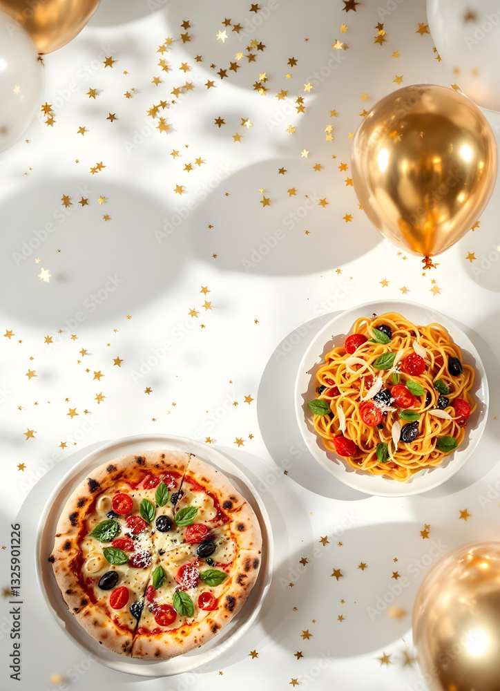 Celebration with gold confetti and balloons featuring Italian cuisine pizza bufala and pasta top view