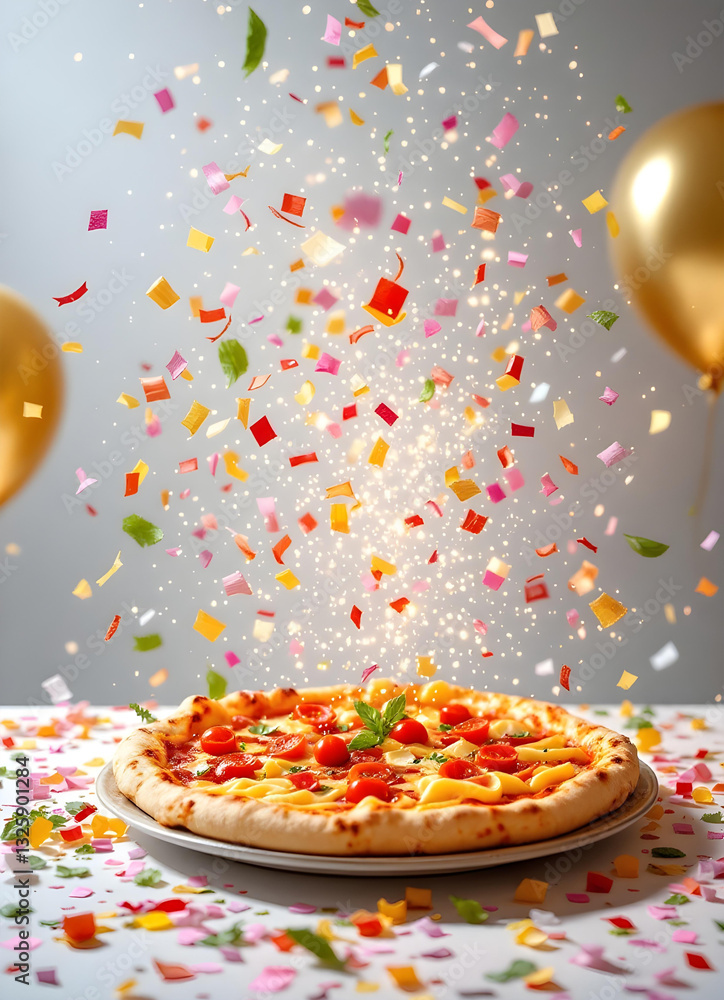 Celebration with gold confetti and balloons featuring Italian cuisine pizza bufala