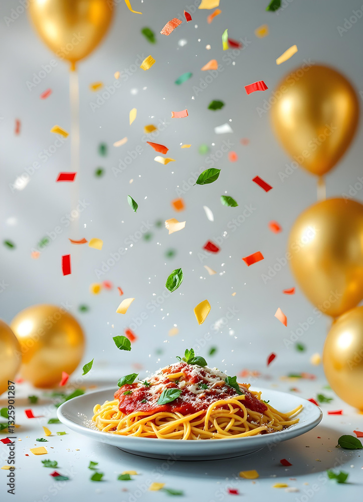 Celebration with gold confetti and balloons featuring Italian cuisine pasta bolognese