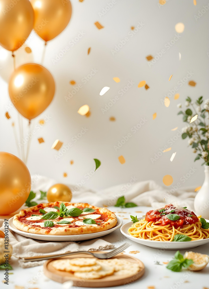Celebration with gold confetti and balloons featuring Italian cuisine pizza bufala and pasta