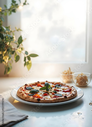 Pizza with prosciutto on a plate with a window in the background in rustic style