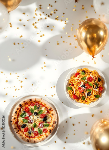 Celebration with gold confetti and balloons featuring Italian cuisine pizza bufala and pasta top view