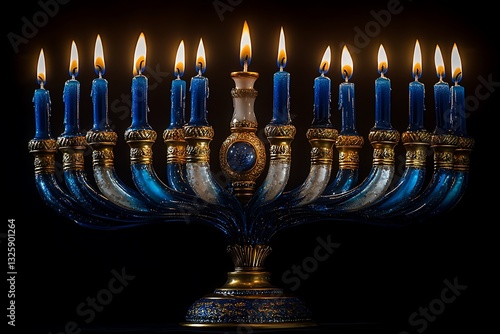 Elegant Blue and Gold Menorah with Lit Candles for Hanukkah
