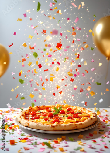 Obraz na płótnie Celebration with gold confetti and balloons featuring Italian cuisine pizza bufala w salonie