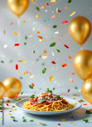Obraz na płótnie Celebration with gold confetti and balloons featuring Italian cuisine pasta bolognese w salonie