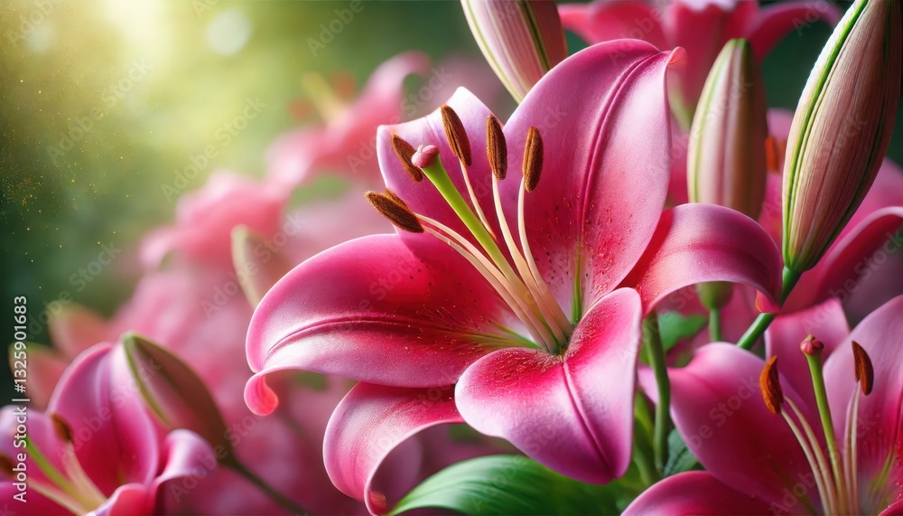 Vibrant pink lilies blooming in a sunlit garden with delicate petals and rich green foliage
Vibrant pink lilies blooming in a sunlit garden with delicate petals and rich green foliage